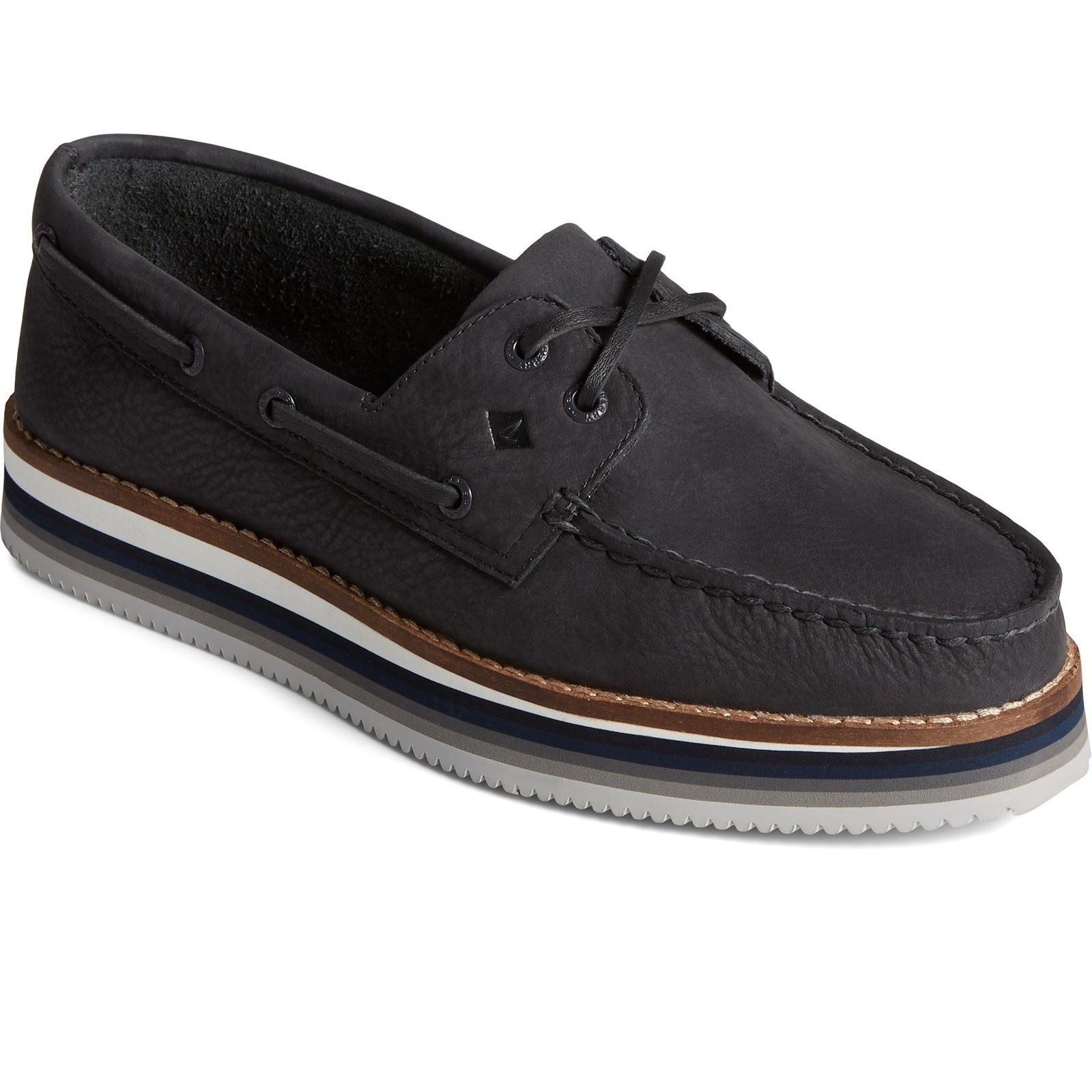 Sperry Authentic Original Stacked Scarpe Da Barca Nere Da Donna In Pelle